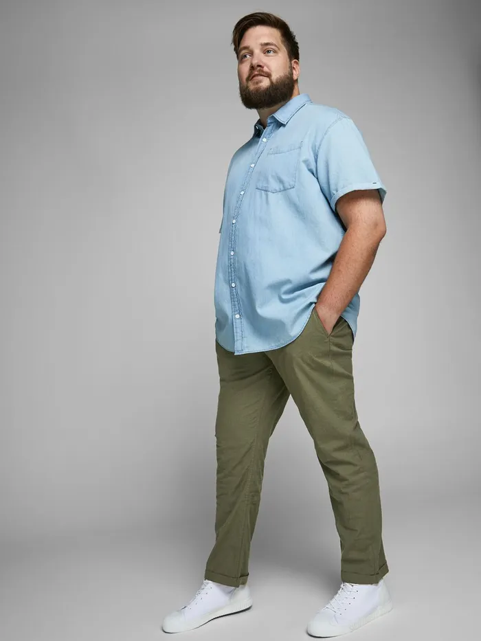 Trousers JACK and JONES Mens MARCO LINEN AKM 986 PLUS SIZE TROUSERS Green Olive Night