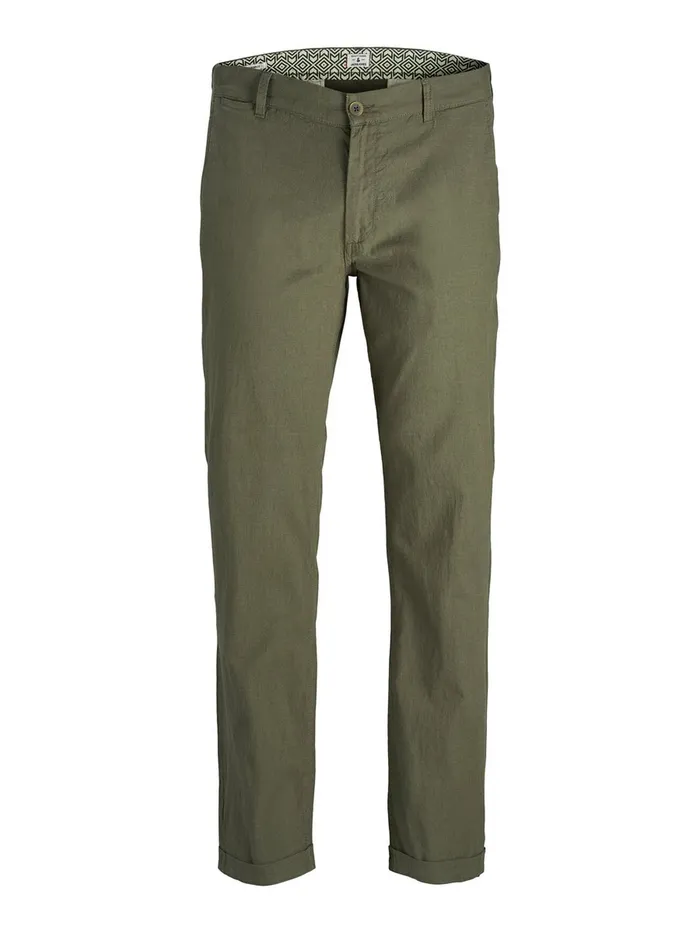 Trousers JACK and JONES Mens MARCO LINEN AKM 986 PLUS SIZE TROUSERS Green Olive Night