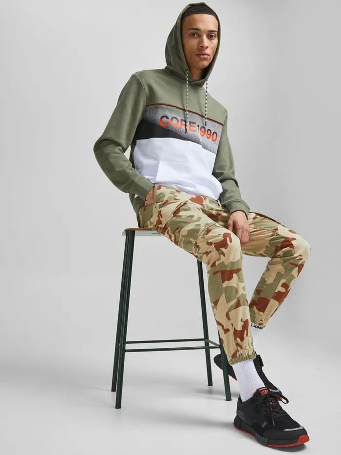 Trousers JACK and JONES Mens PAUL FLAKE AKM CAMO CARGO TROUSERS Beige White Pepper