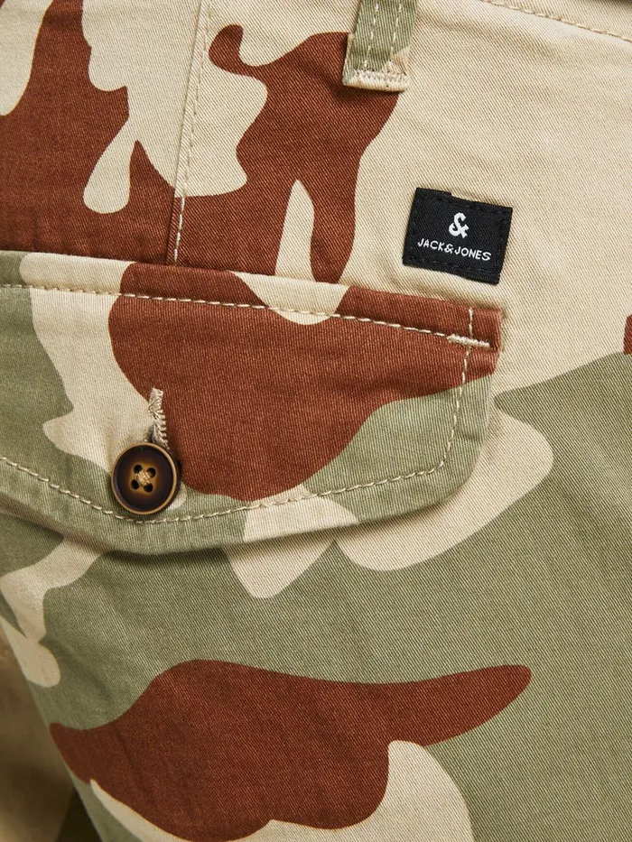 Trousers JACK and JONES Mens PAUL FLAKE AKM CAMO CARGO TROUSERS Beige White Pepper
