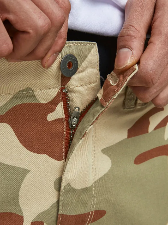Trousers JACK and JONES Mens PAUL FLAKE AKM CAMO CARGO TROUSERS Beige White Pepper