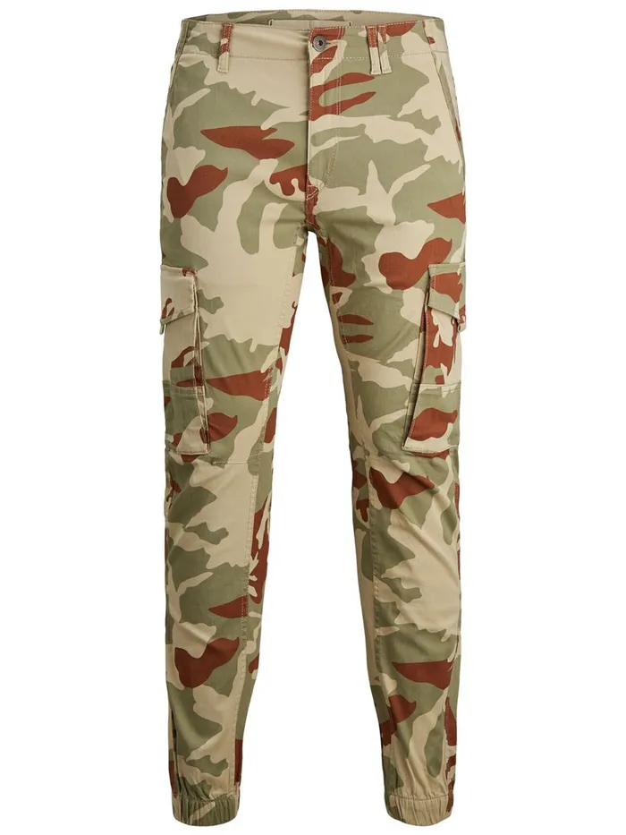 Trousers JACK and JONES Mens PAUL FLAKE AKM CAMO CARGO TROUSERS Beige White Pepper