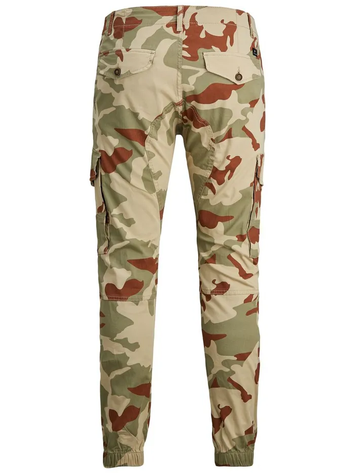 Trousers JACK and JONES Mens PAUL FLAKE AKM CAMO CARGO TROUSERS Beige White Pepper