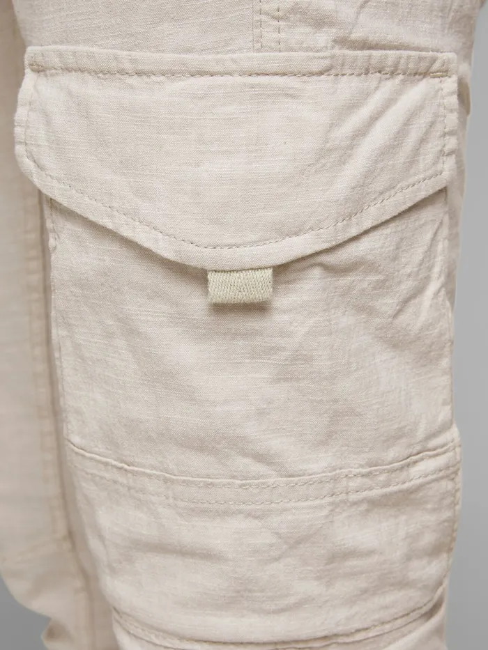 Trousers JACK and JONES Mens PAUL FLAKE LINEN AKM 980 CARGO TROUSERS Beige Silver Birch