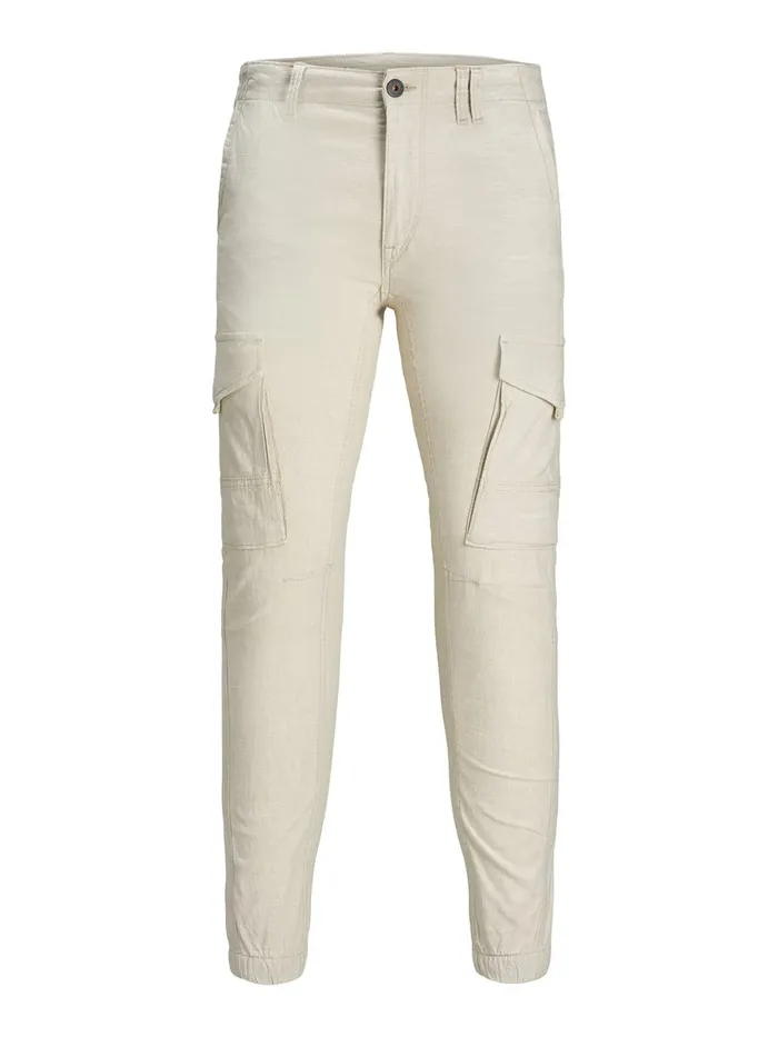 Trousers JACK and JONES Mens PAUL FLAKE LINEN AKM 980 CARGO TROUSERS Beige Silver Birch