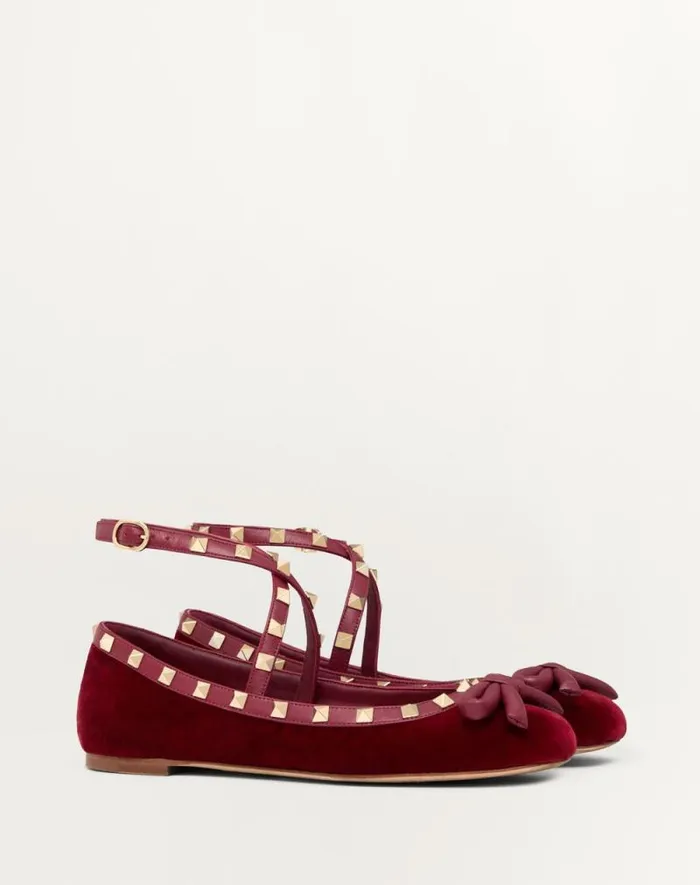 Valentino Ballerinas Woman Rockstud Velvet Ballerina For Woman In Cherry Red Cherry Red Valentino Ballerinas Woman Rockstud Velvet Ballerina For Woman In Cherry Red Cherry Red