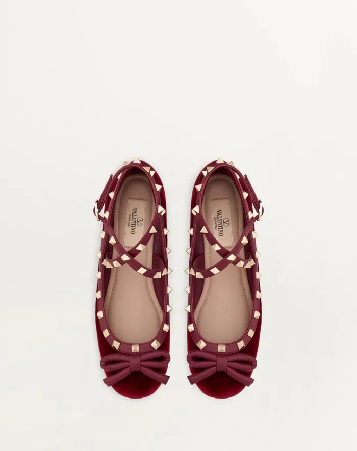 Valentino Ballerinas Woman Rockstud Velvet Ballerina For Woman In Cherry Red Cherry Red Valentino Ballerinas Woman Rockstud Velvet Ballerina For Woman In Cherry Red Cherry Red