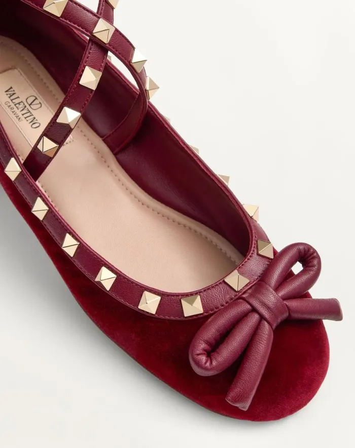 Valentino Ballerinas Woman Rockstud Velvet Ballerina For Woman In Cherry Red Cherry Red Valentino Ballerinas Woman Rockstud Velvet Ballerina For Woman In Cherry Red Cherry Red