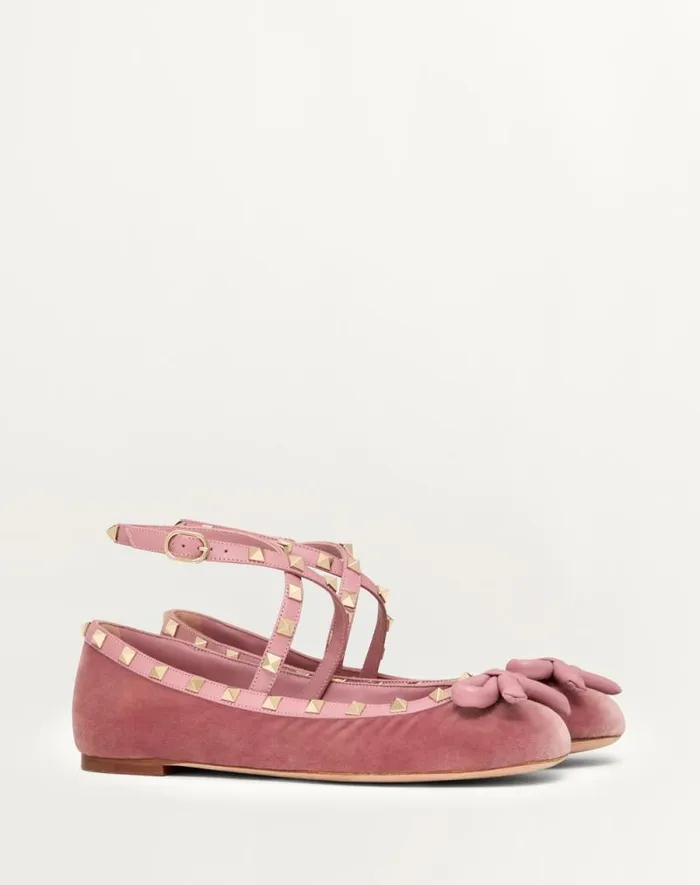 Valentino Ballerinas Woman Rockstud Velvet Ballerina For Woman In Cherry Red Cherry Red Valentino Ballerinas Woman Rockstud Velvet Ballerina For Woman In Cherry Red Cherry Red