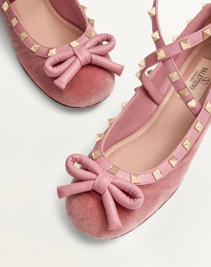 Valentino Ballerinas Woman Rockstud Velvet Ballerina For Woman In Cherry Red Cherry Red Valentino Ballerinas Woman Rockstud Velvet Ballerina For Woman In Cherry Red Cherry Red