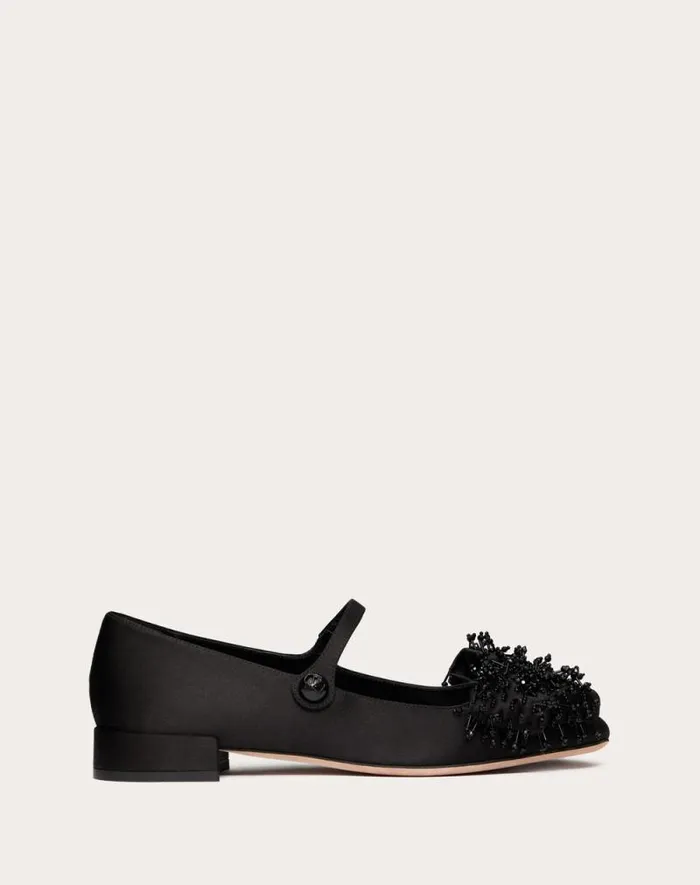 Valentino Ballerinas Woman Valentino Garavani Bowjane Maryjane Satin Ballerina With Fringed Embroidery 20mm For Woman In Black Black Valentino Ballerinas Woman Valentino Garavani Bowjane Maryjane Satin Ballerina With Fringed Embroidery 20mm For Woman In Black Black