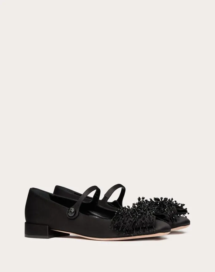 Valentino Ballerinas Woman Valentino Garavani Bowjane Maryjane Satin Ballerina With Fringed Embroidery 20mm For Woman In Black Black Valentino Ballerinas Woman Valentino Garavani Bowjane Maryjane Satin Ballerina With Fringed Embroidery 20mm For Woman In Black Black