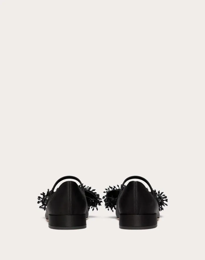 Valentino Ballerinas Woman Valentino Garavani Bowjane Maryjane Satin Ballerina With Fringed Embroidery 20mm For Woman In Black Black Valentino Ballerinas Woman Valentino Garavani Bowjane Maryjane Satin Ballerina With Fringed Embroidery 20mm For Woman In Black Black