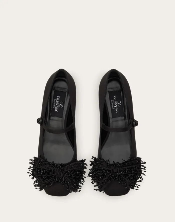 Valentino Ballerinas Woman Valentino Garavani Bowjane Maryjane Satin Ballerina With Fringed Embroidery 20mm For Woman In Black Black Valentino Ballerinas Woman Valentino Garavani Bowjane Maryjane Satin Ballerina With Fringed Embroidery 20mm For Woman In Black Black