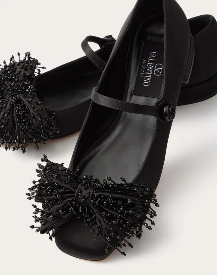Valentino Ballerinas Woman Valentino Garavani Bowjane Maryjane Satin Ballerina With Fringed Embroidery 20mm For Woman In Black Black Valentino Ballerinas Woman Valentino Garavani Bowjane Maryjane Satin Ballerina With Fringed Embroidery 20mm For Woman In Black Black