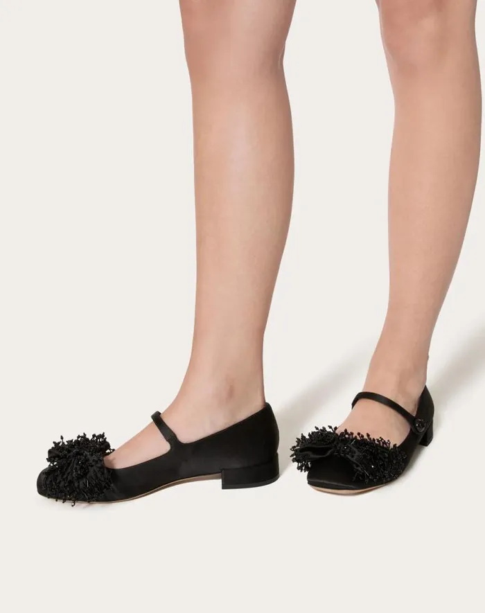 Valentino Ballerinas Woman Valentino Garavani Bowjane Maryjane Satin Ballerina With Fringed Embroidery 20mm For Woman In Black Black Valentino Ballerinas Woman Valentino Garavani Bowjane Maryjane Satin Ballerina With Fringed Embroidery 20mm For Woman In Black Black