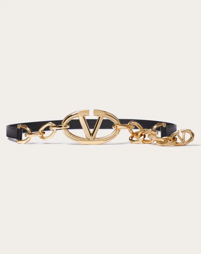 Valentino Belts Woman Vlogo Signature Shiny Calfskin Belt With Chain For Woman In Black Black Valentino Belts Woman Vlogo Signature Shiny Calfskin Belt With Chain For Woman In Black Black