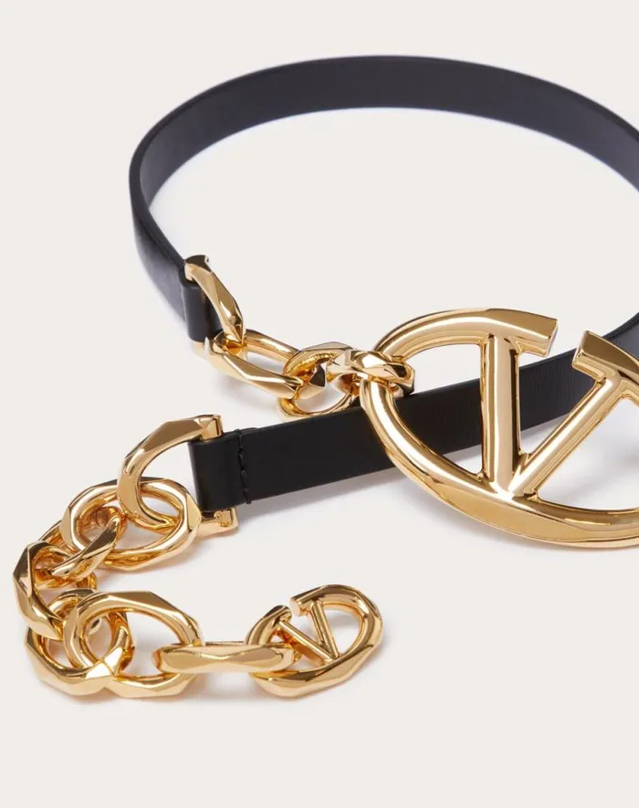 Valentino Belts Woman Vlogo Signature Shiny Calfskin Belt With Chain For Woman In Black Black Valentino Belts Woman Vlogo Signature Shiny Calfskin Belt With Chain For Woman In Black Black