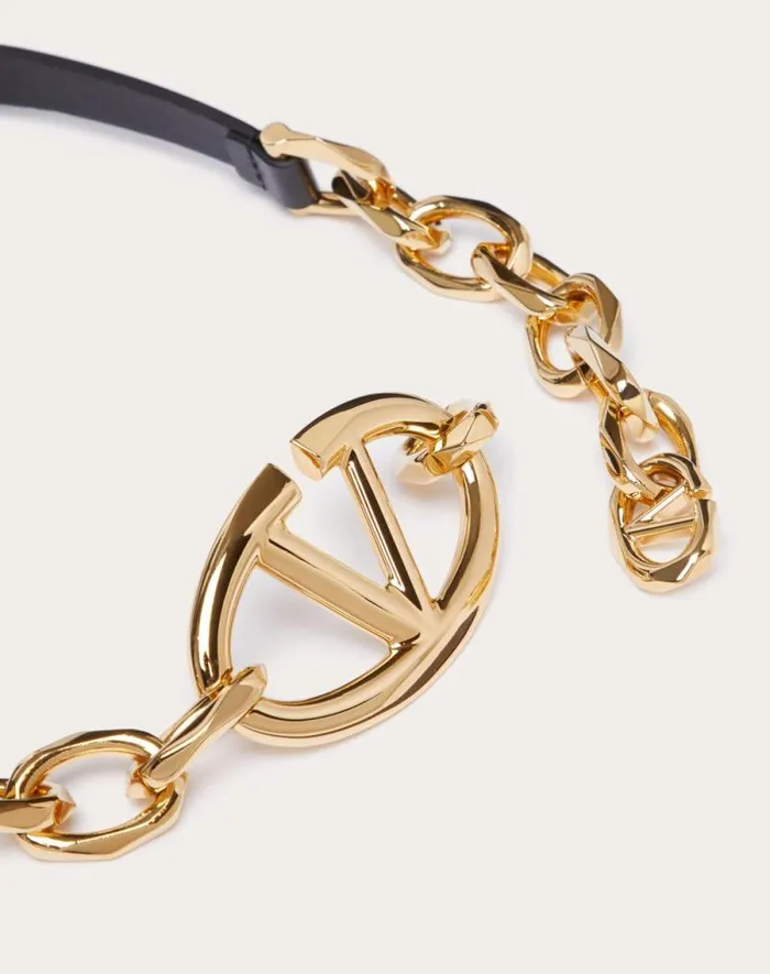 Valentino Belts Woman Vlogo Signature Shiny Calfskin Belt With Chain For Woman In Black Black Valentino Belts Woman Vlogo Signature Shiny Calfskin Belt With Chain For Woman In Black Black