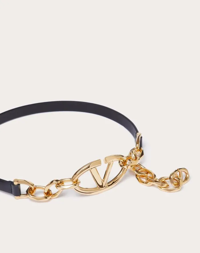 Valentino Belts Woman Vlogo Signature Shiny Calfskin Belt With Chain For Woman In Black Black Valentino Belts Woman Vlogo Signature Shiny Calfskin Belt With Chain For Woman In Black Black