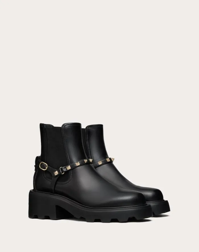 Valentino Boots Woman Rockstud Calfskin Beatle 55mm For Woman In Black Black Valentino Boots Woman Rockstud Calfskin Beatle 55mm For Woman In Black Black