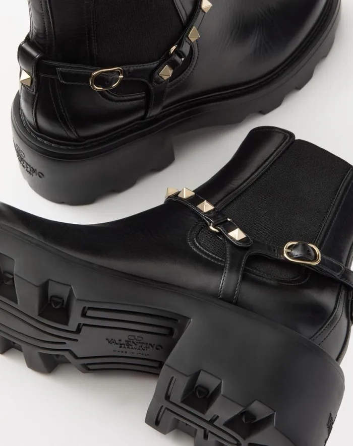 Valentino Boots Woman Rockstud Calfskin Beatle 55mm For Woman In Black Black Valentino Boots Woman Rockstud Calfskin Beatle 55mm For Woman In Black Black
