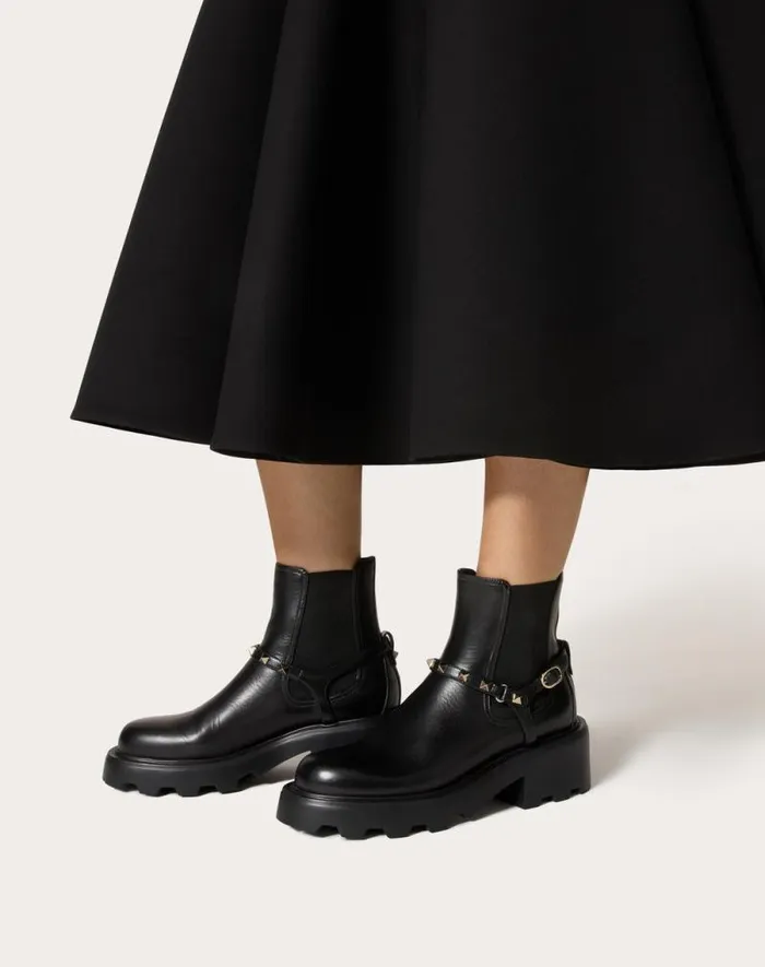 Valentino Boots Woman Rockstud Calfskin Beatle 55mm For Woman In Black Black Valentino Boots Woman Rockstud Calfskin Beatle 55mm For Woman In Black Black