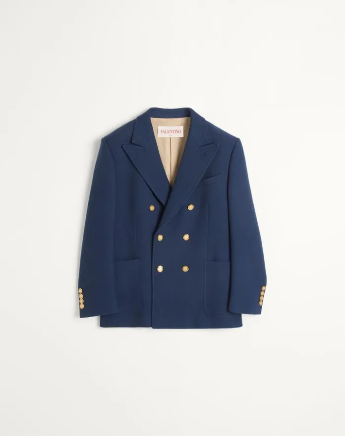 Valentino Coats And Blazers Man Doublebreasted Double Wool Jacket For Man In Indigo Indigo