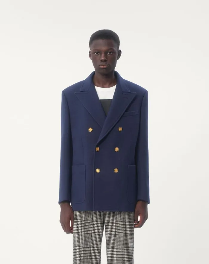 Valentino Coats And Blazers Man Doublebreasted Double Wool Jacket For Man In Indigo Indigo
