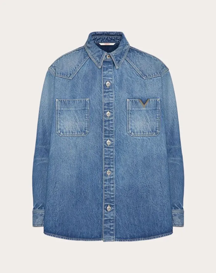 Valentino Denim Man Denim Shirt With Metallic V Detail For Man In Denim Denim Valentino Denim Man Denim Shirt With Metallic V Detail For Man In Denim Denim