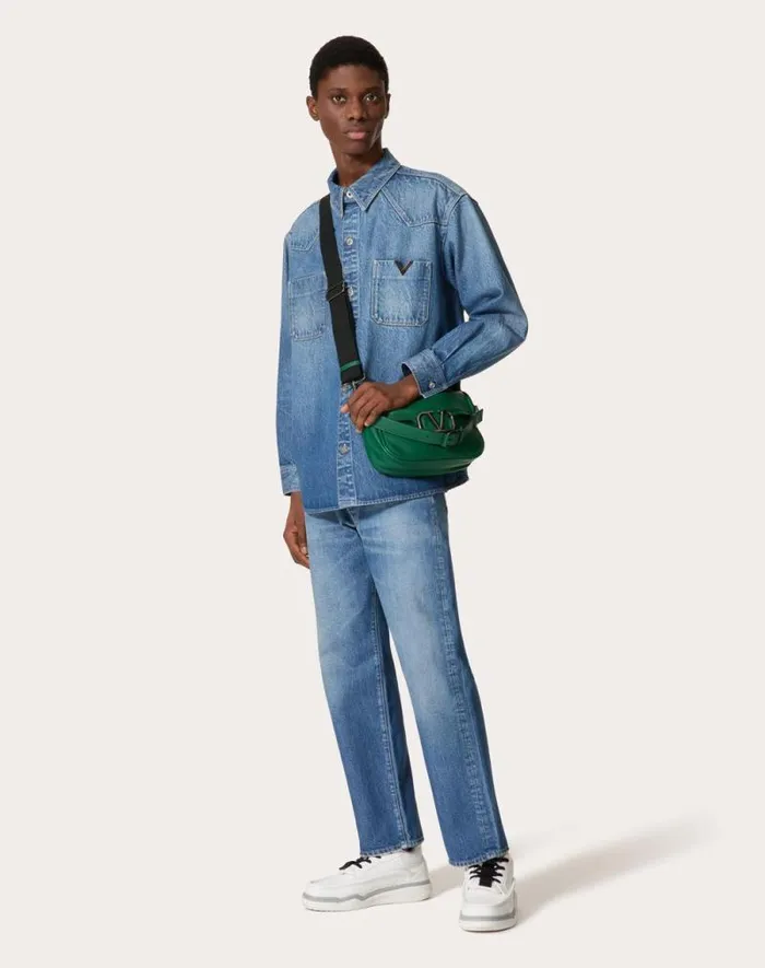 Valentino Denim Man Denim Shirt With Metallic V Detail For Man In Denim Denim Valentino Denim Man Denim Shirt With Metallic V Detail For Man In Denim Denim