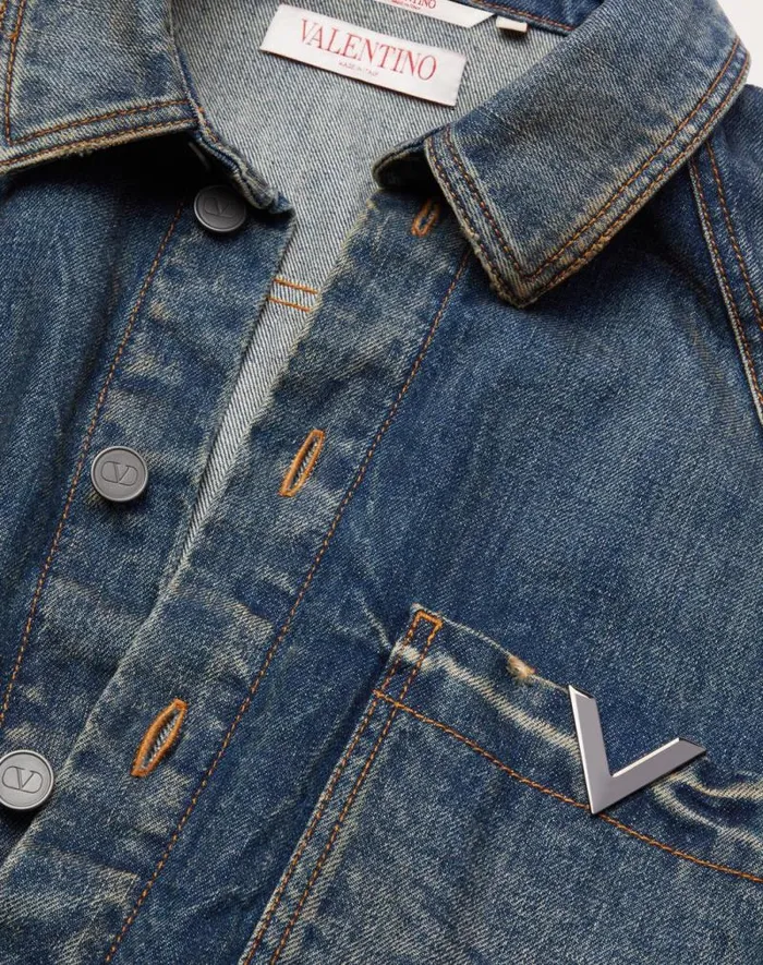 Valentino Denim Man Denim Shirt With Metallic V Detail For Man In Denim Denim Valentino Denim Man Denim Shirt With Metallic V Detail For Man In Denim Denim