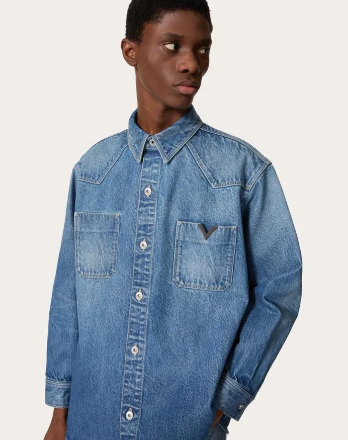 Valentino Denim Man Denim Shirt With Metallic V Detail For Man In Denim Denim Valentino Denim Man Denim Shirt With Metallic V Detail For Man In Denim Denim