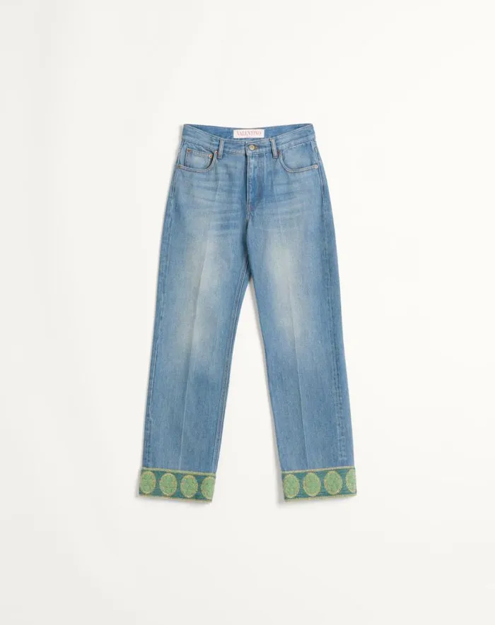 Valentino Denim Woman Denim Trousers With Jacquard Trims For Woman In Denim Denim Valentino Denim Woman Denim Trousers With Jacquard Trims For Woman In Denim Denim