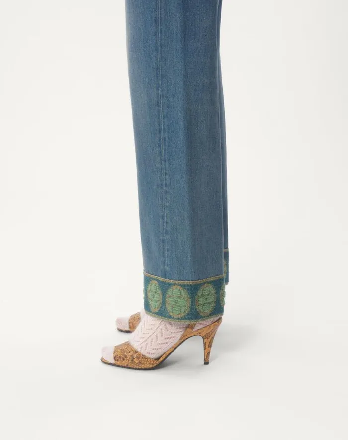 Valentino Denim Woman Denim Trousers With Jacquard Trims For Woman In Denim Denim Valentino Denim Woman Denim Trousers With Jacquard Trims For Woman In Denim Denim