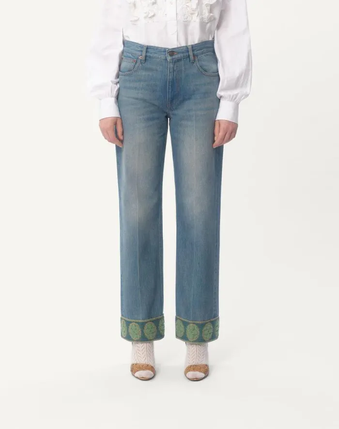 Valentino Denim Woman Denim Trousers With Jacquard Trims For Woman In Denim Denim Valentino Denim Woman Denim Trousers With Jacquard Trims For Woman In Denim Denim