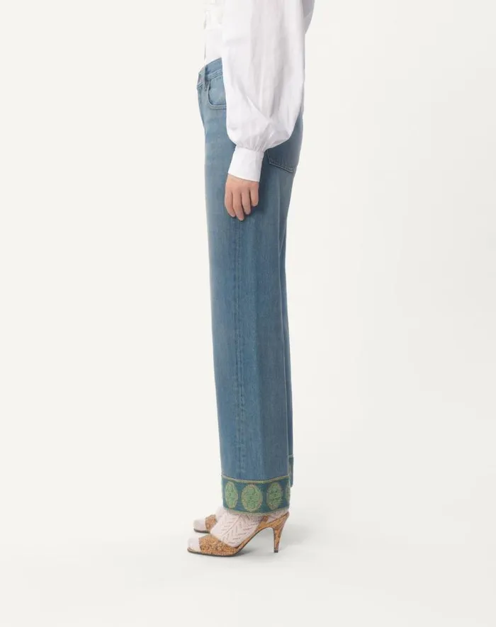 Valentino Denim Woman Denim Trousers With Jacquard Trims For Woman In Denim Denim Valentino Denim Woman Denim Trousers With Jacquard Trims For Woman In Denim Denim