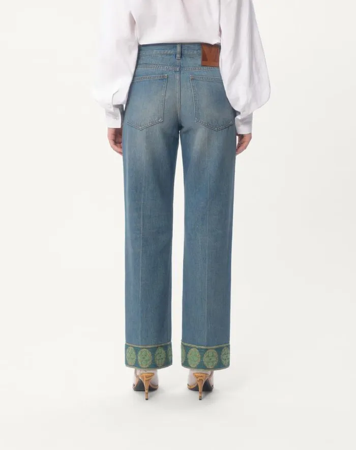 Valentino Denim Woman Denim Trousers With Jacquard Trims For Woman In Denim Denim Valentino Denim Woman Denim Trousers With Jacquard Trims For Woman In Denim Denim