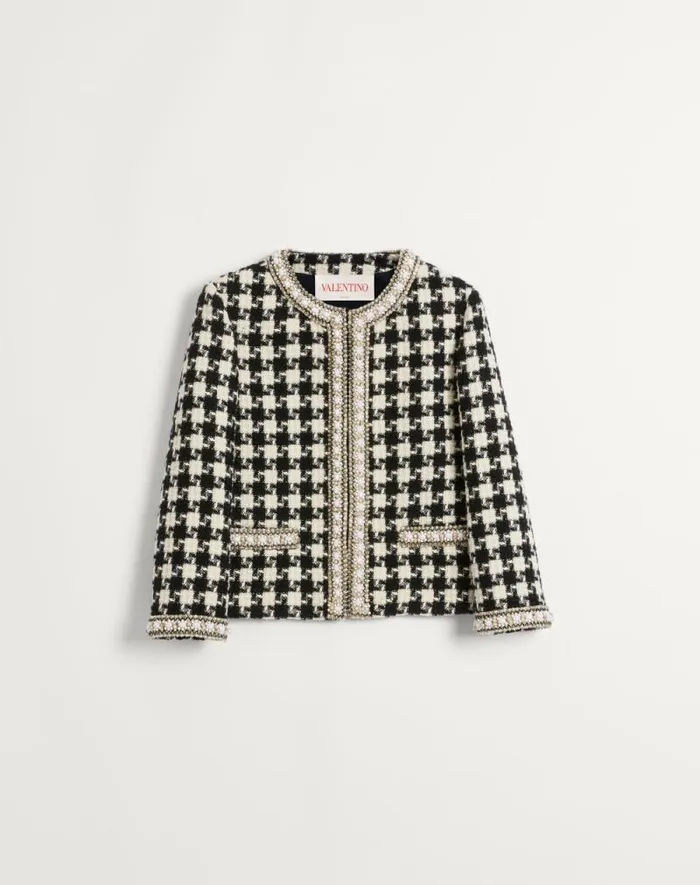 Valentino Jackets And Blazers Woman Embroidered Jacket In Damier Light Tweed For Woman In White Black White Black