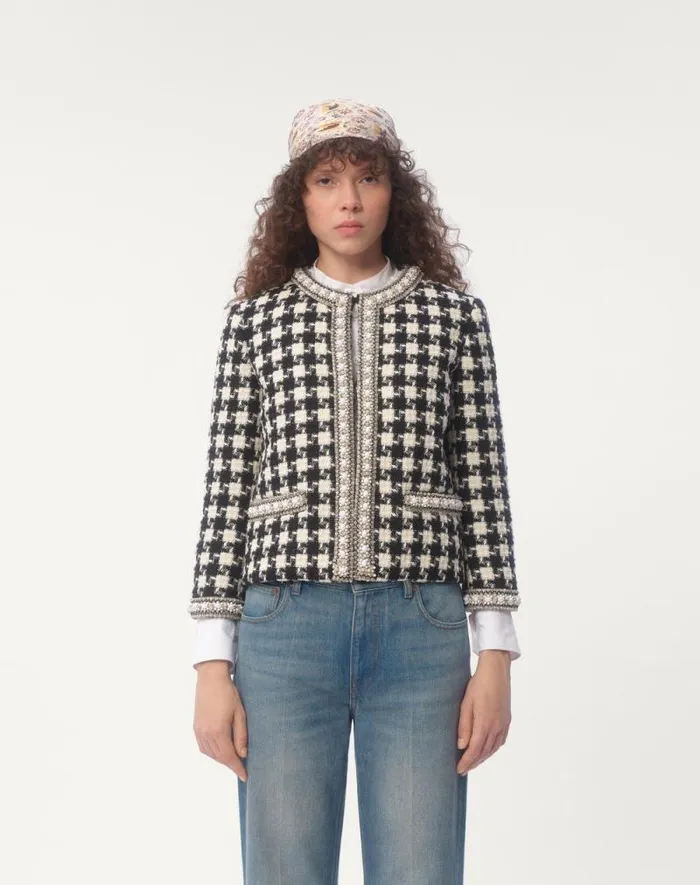 Valentino Jackets And Blazers Woman Embroidered Jacket In Damier Light Tweed For Woman In White Black White Black Valentino Jackets And Blazers Woman Embroidered Jacket In Damier Light Tweed For Woman In White Black White Black