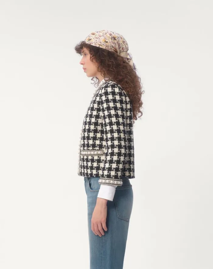 Valentino Jackets And Blazers Woman Embroidered Jacket In Damier Light Tweed For Woman In White Black White Black Valentino Jackets And Blazers Woman Embroidered Jacket In Damier Light Tweed For Woman In White Black White Black