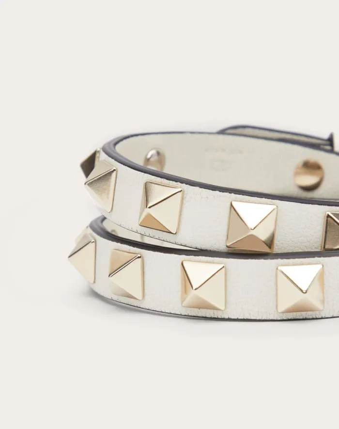 Valentino Jewelry Woman Rockstud Calfskin Doublestrap Bracelet For Woman In Poudre Poudre