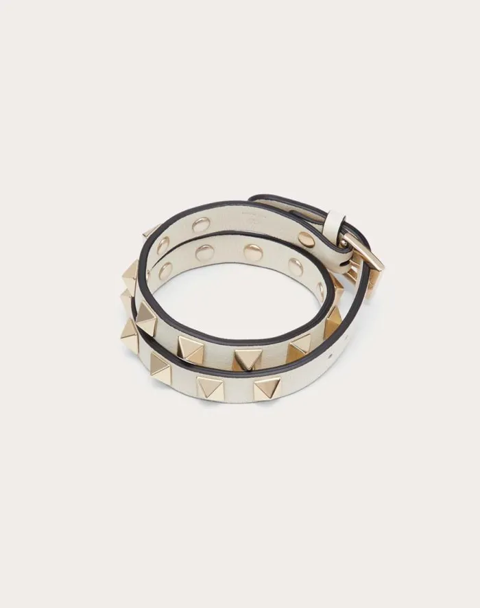Valentino Jewelry Woman Rockstud Calfskin Doublestrap Bracelet For Woman In Poudre Poudre