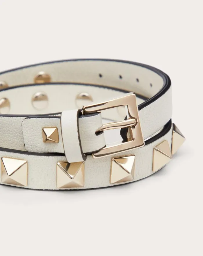 Valentino Jewelry Woman Rockstud Calfskin Doublestrap Bracelet For Woman In Poudre Poudre
