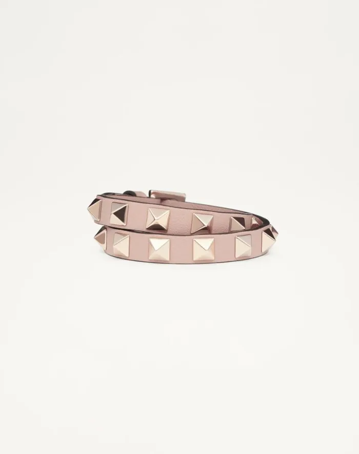 Valentino Jewelry Woman Rockstud Calfskin Doublestrap Bracelet For Woman In Poudre Poudre