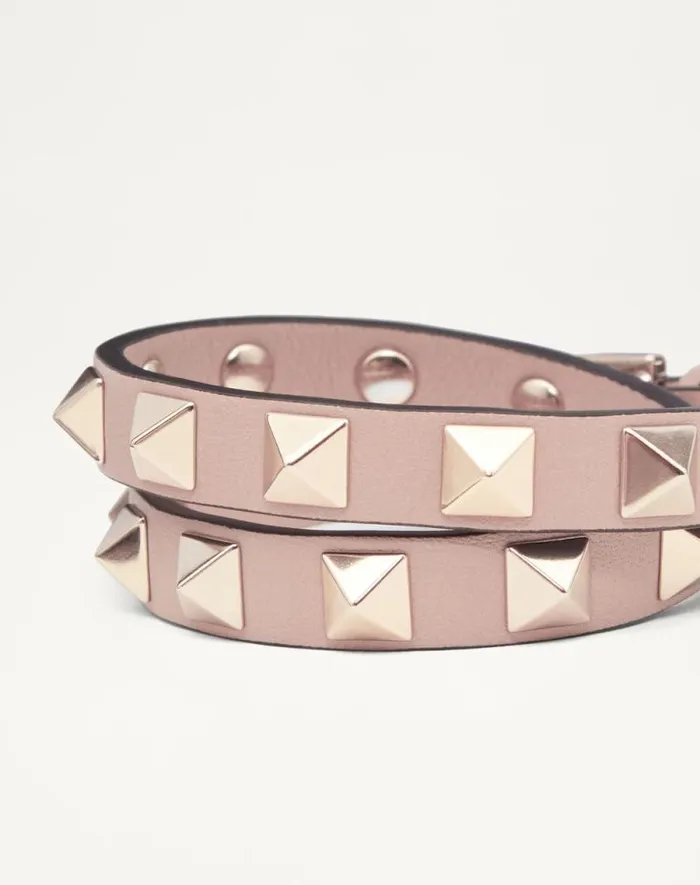 Valentino Jewelry Woman Rockstud Calfskin Doublestrap Bracelet For Woman In Poudre Poudre