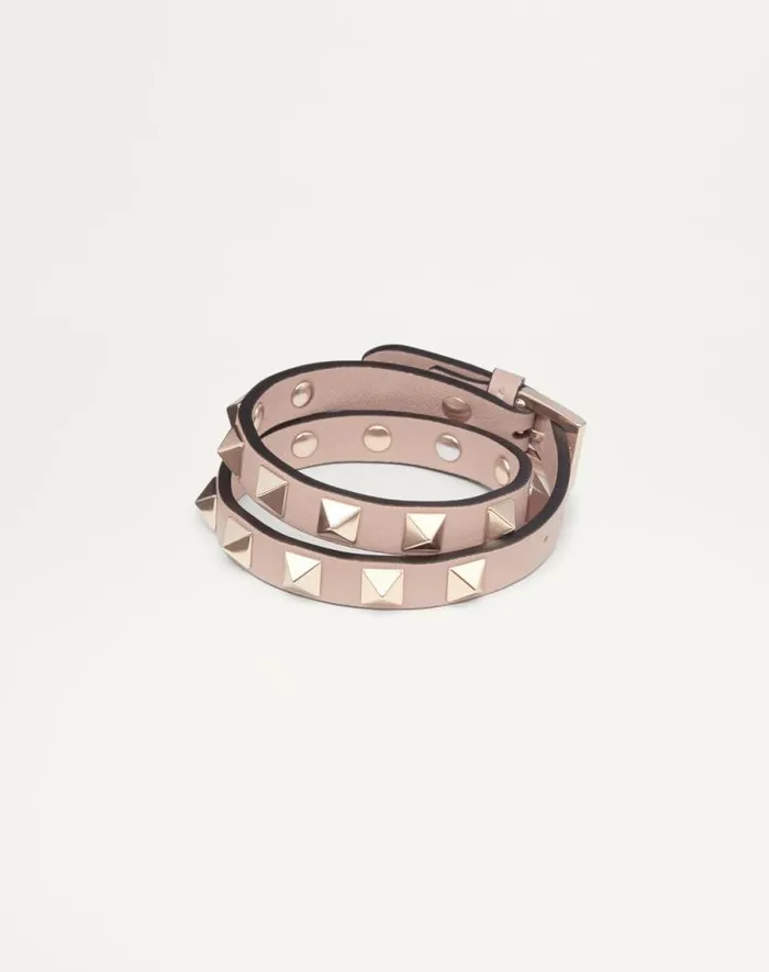 Valentino Jewelry Woman Rockstud Calfskin Doublestrap Bracelet For Woman In Poudre Poudre