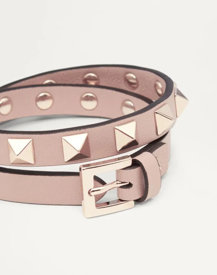 Valentino Jewelry Woman Rockstud Calfskin Doublestrap Bracelet For Woman In Poudre Poudre