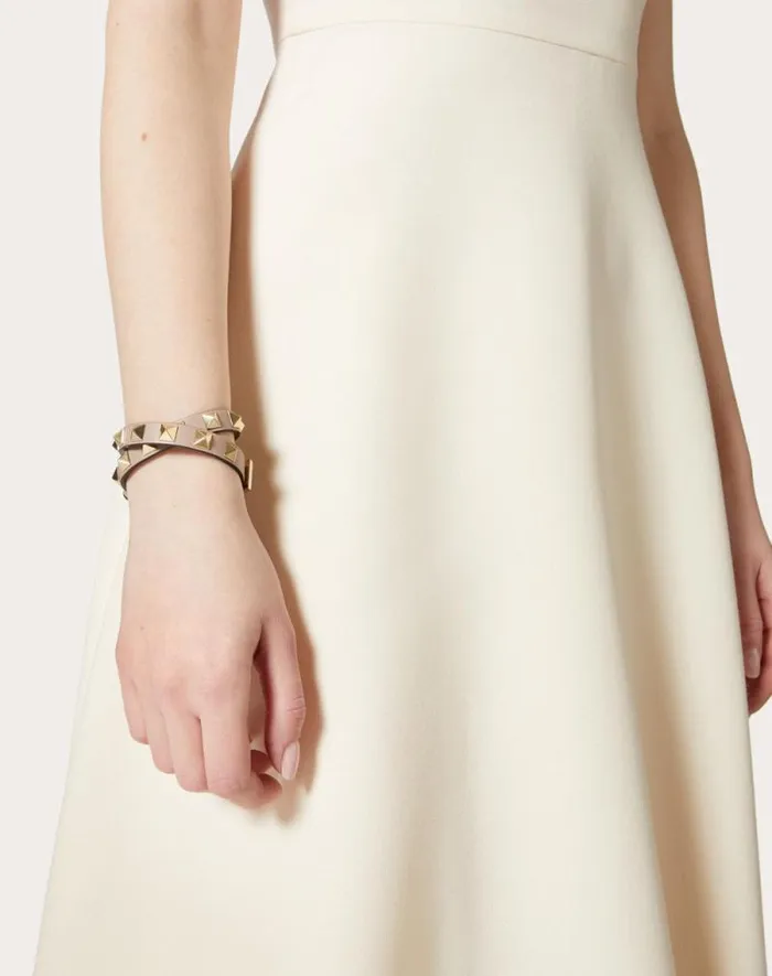 Valentino Jewelry Woman Rockstud Calfskin Doublestrap Bracelet For Woman In Poudre Poudre