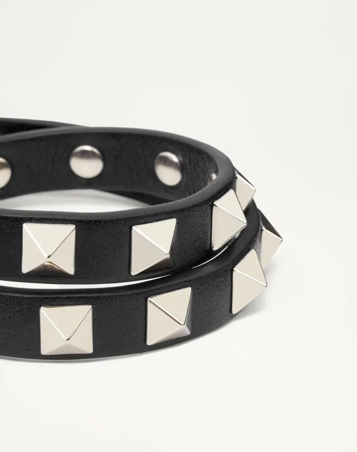 Valentino Jewelry Woman Rockstud Calfskin Doublestrap Bracelet For Woman In Poudre Poudre